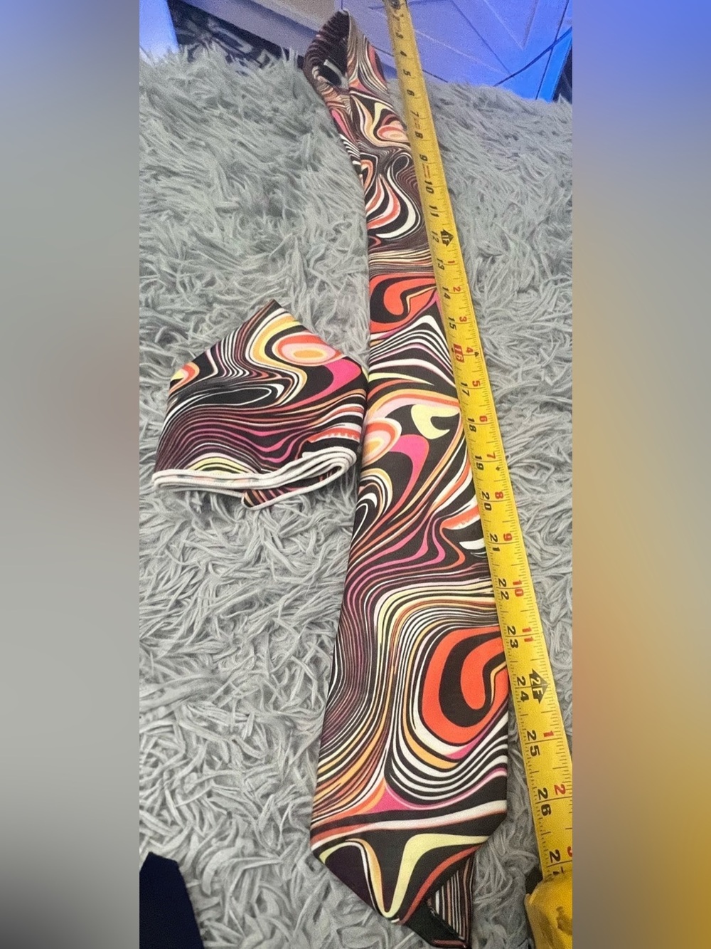 Silky Swirl Print Men’s Neck Tie & Handkerchief in Black, Pink & Orange
